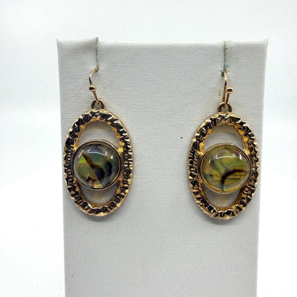 Gold Tone Hammered Oval Dangle Earrings with Iridescent Cabochon - Boho